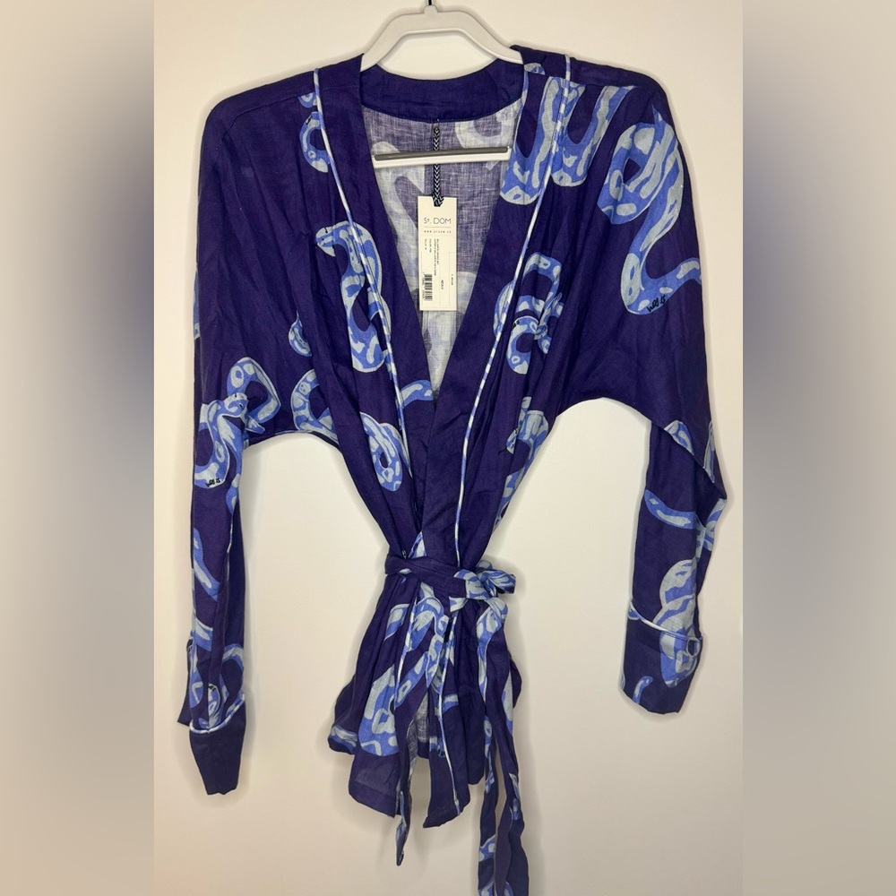 NWT Blue Snake Pattern AZULU Baluarte Kimono Set 100% Linen Size L